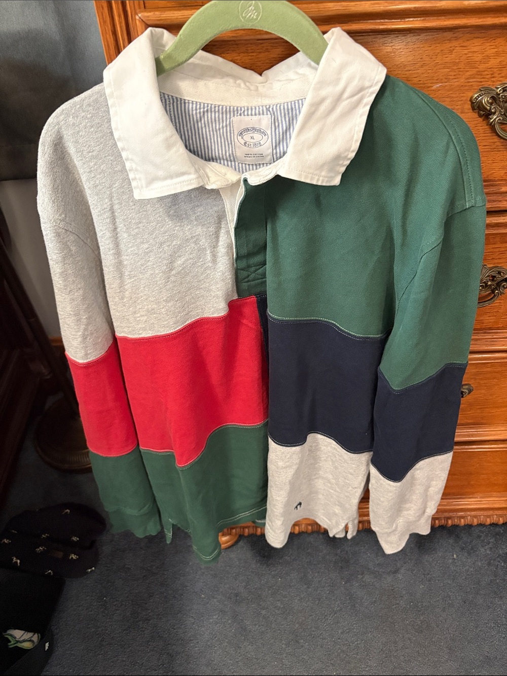 Brooks Brothers Colorblock V-Neck Rugby Sweater in Green, Red, Navy, Gray